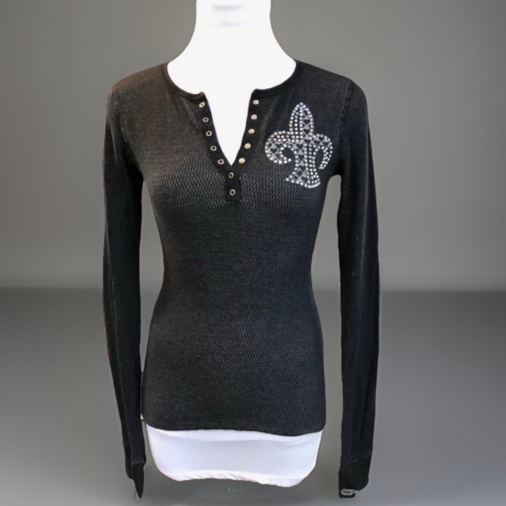 Charcoal, gray body hug ANKH Royalty Long Sleeve Top